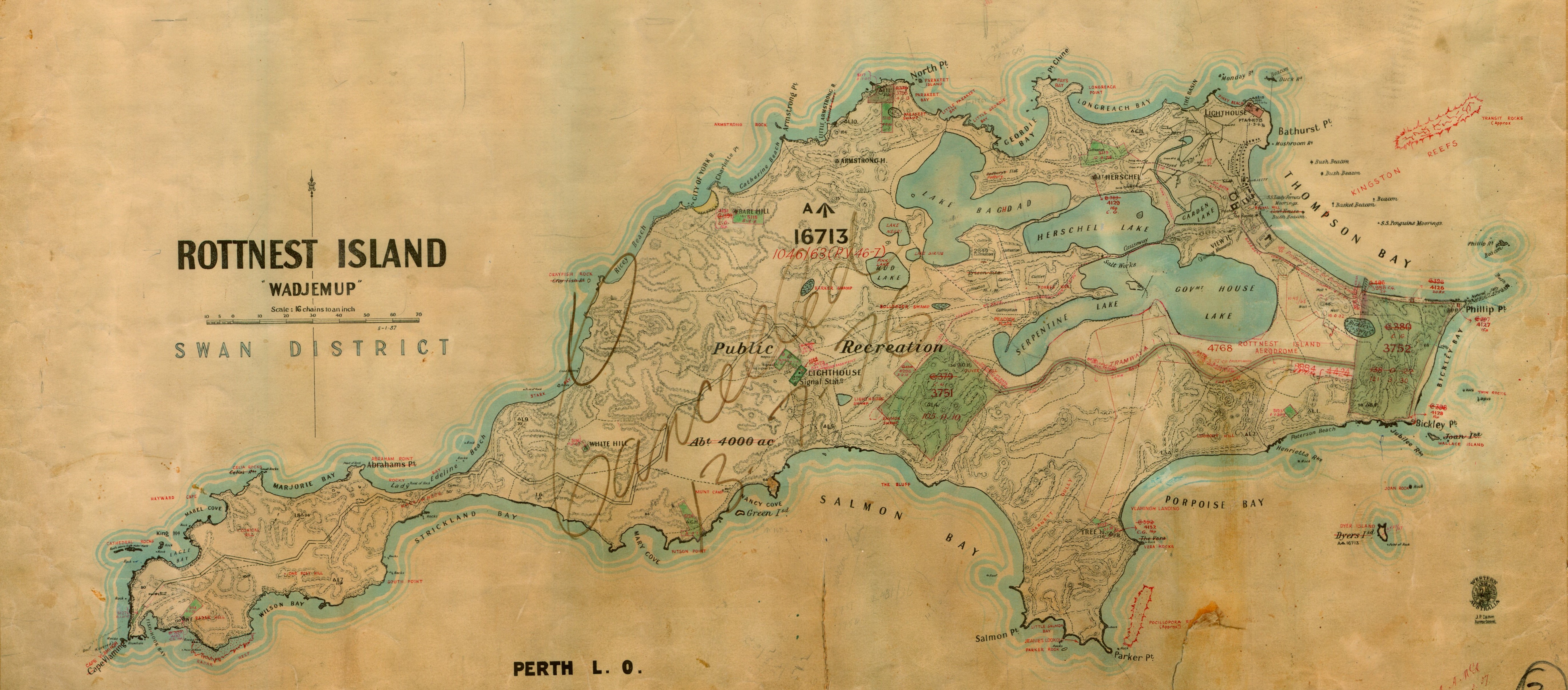 Map of Wadjemup prepared by surveyor A.J. Lewis with later amendments, c.1909. S2168, cons5698, item 1493, State Records Office of WA