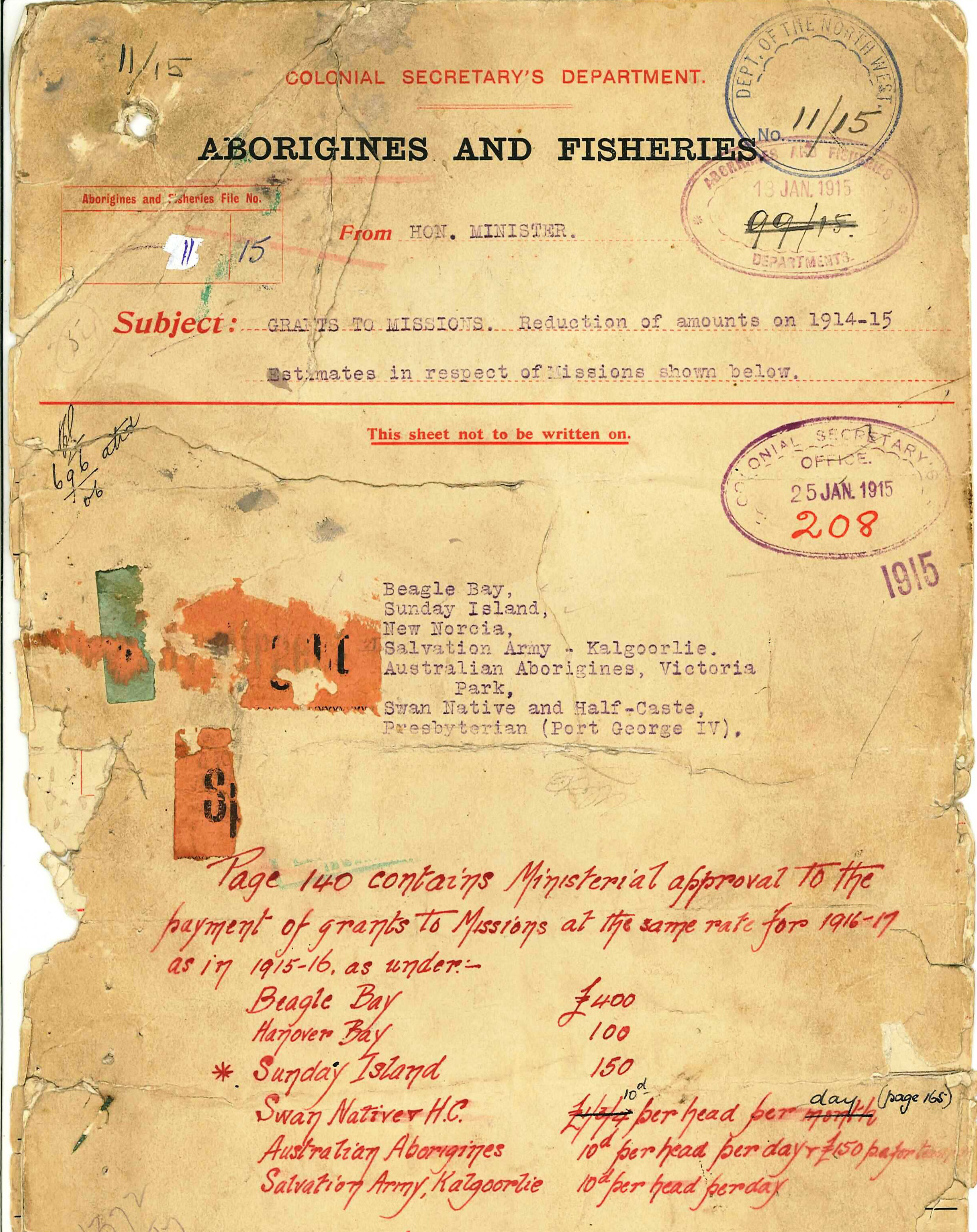Torn and discoloured historical record title 'Colonial Secretary's Department - Aborigines and Fisheries. Dated 1915.