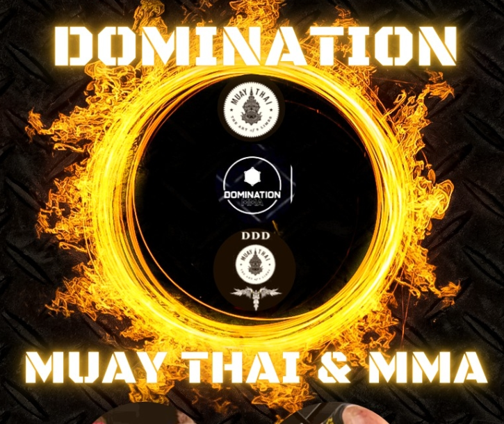 Poster reads: Domination Muay Thai and MMA, with image of a fire ring.