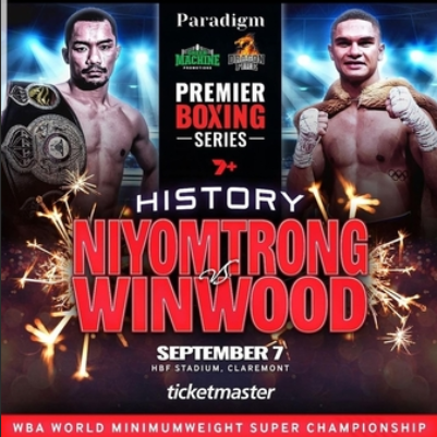 Poster reads: Premier Boxing Series. History Nimomtrong vs Winwood. September 7, with portraits of each boxer