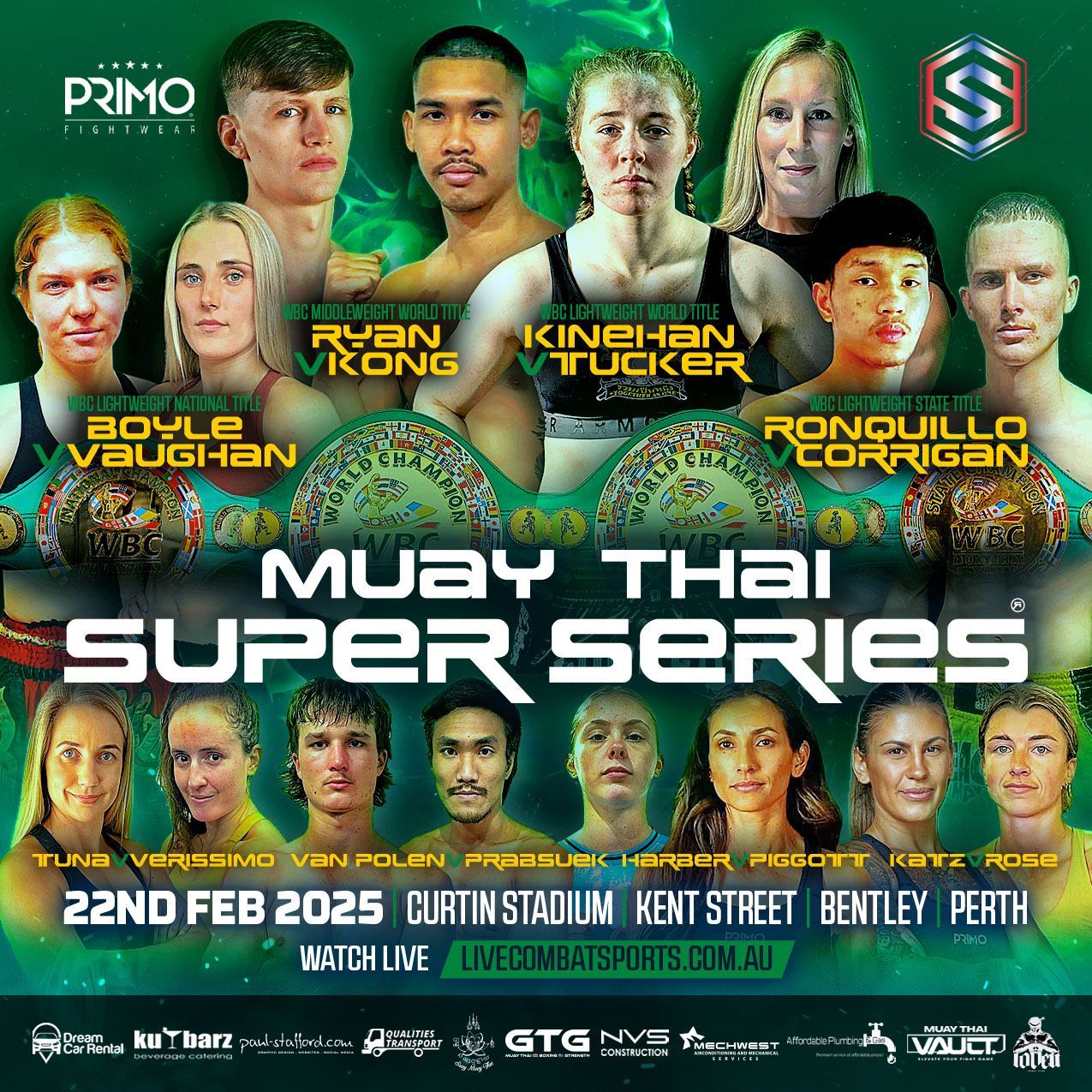 Muay Thai Super Series poster with images of male and female fighters. With text: 22 February 2025, Curtin Stadium Bentley.