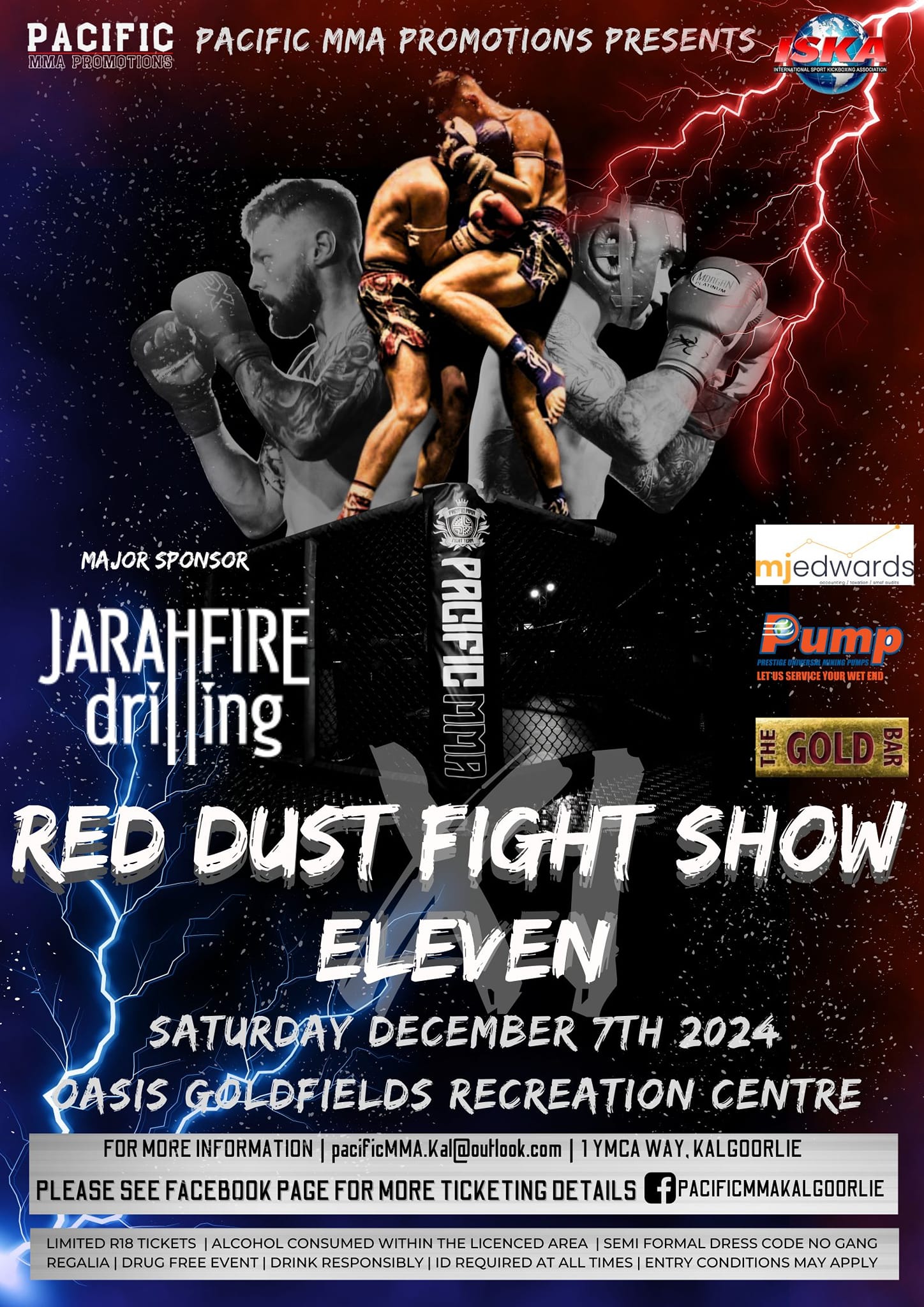 Poster for event: Red Dust Fight Show Eleven. Saturday 7 December 2024. Oasis Goldfields Recreation Centre. Image with 4 fighters.