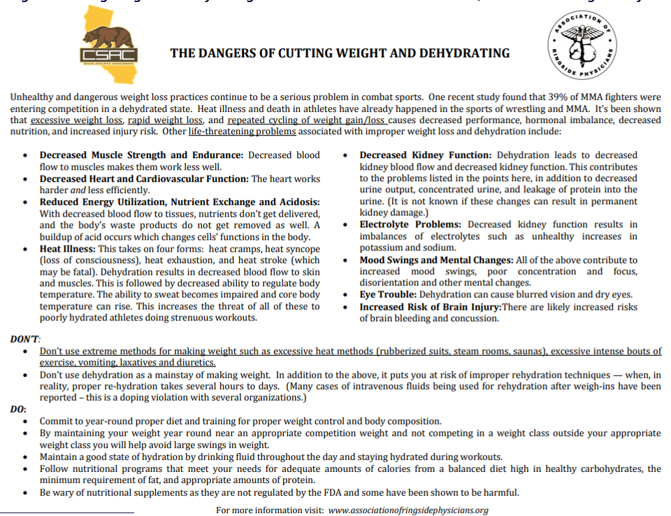 The Dangers of Cutting Weight and Dehydrating content from http://www.dca.ca.gov/csac/forms_pubs/publications/dehydration.pdf
