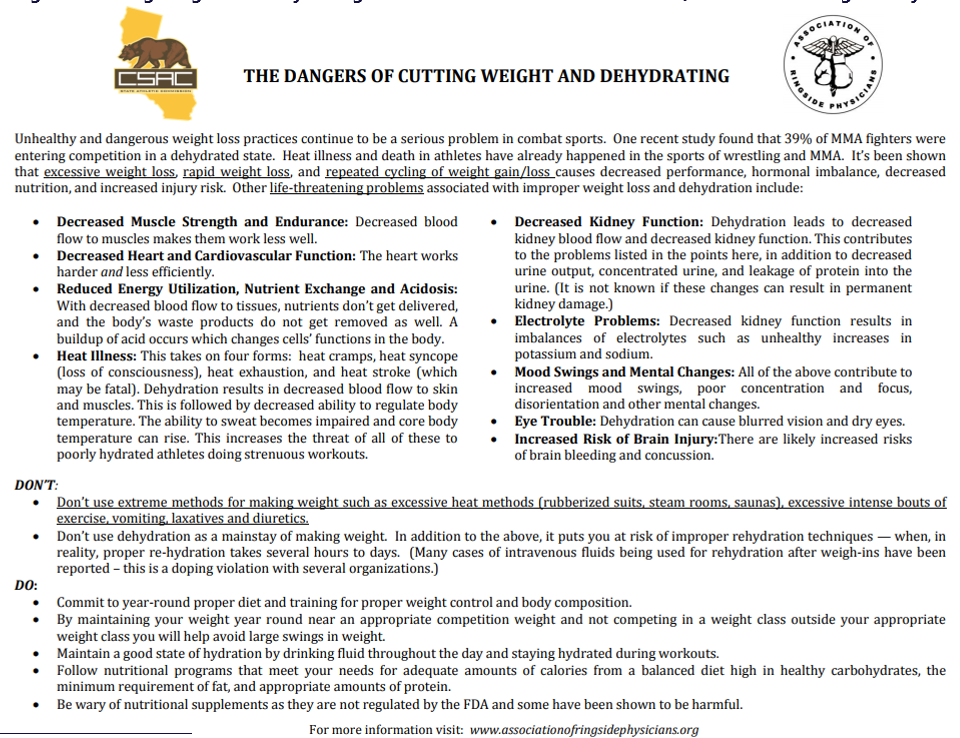 The Dangers of Cutting Weight and Dehydrating content from http://www.dca.ca.gov/csac/forms_pubs/publications/dehydration.pdf 