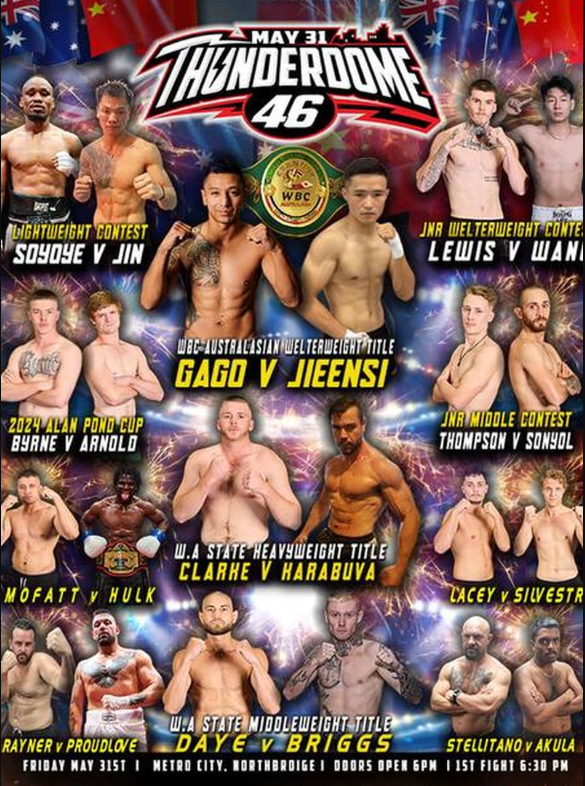 A montage of 11 pairs of athletic fighters with the text: May 31 Thunderdome 46. Metro City Northbridge. Doors open 6PM