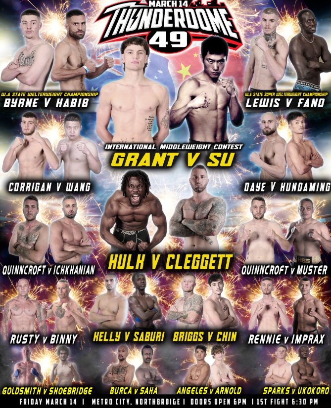 Poster for Thunderdome 49 - 14 March 2025. Image has 15 pairs of fighters.