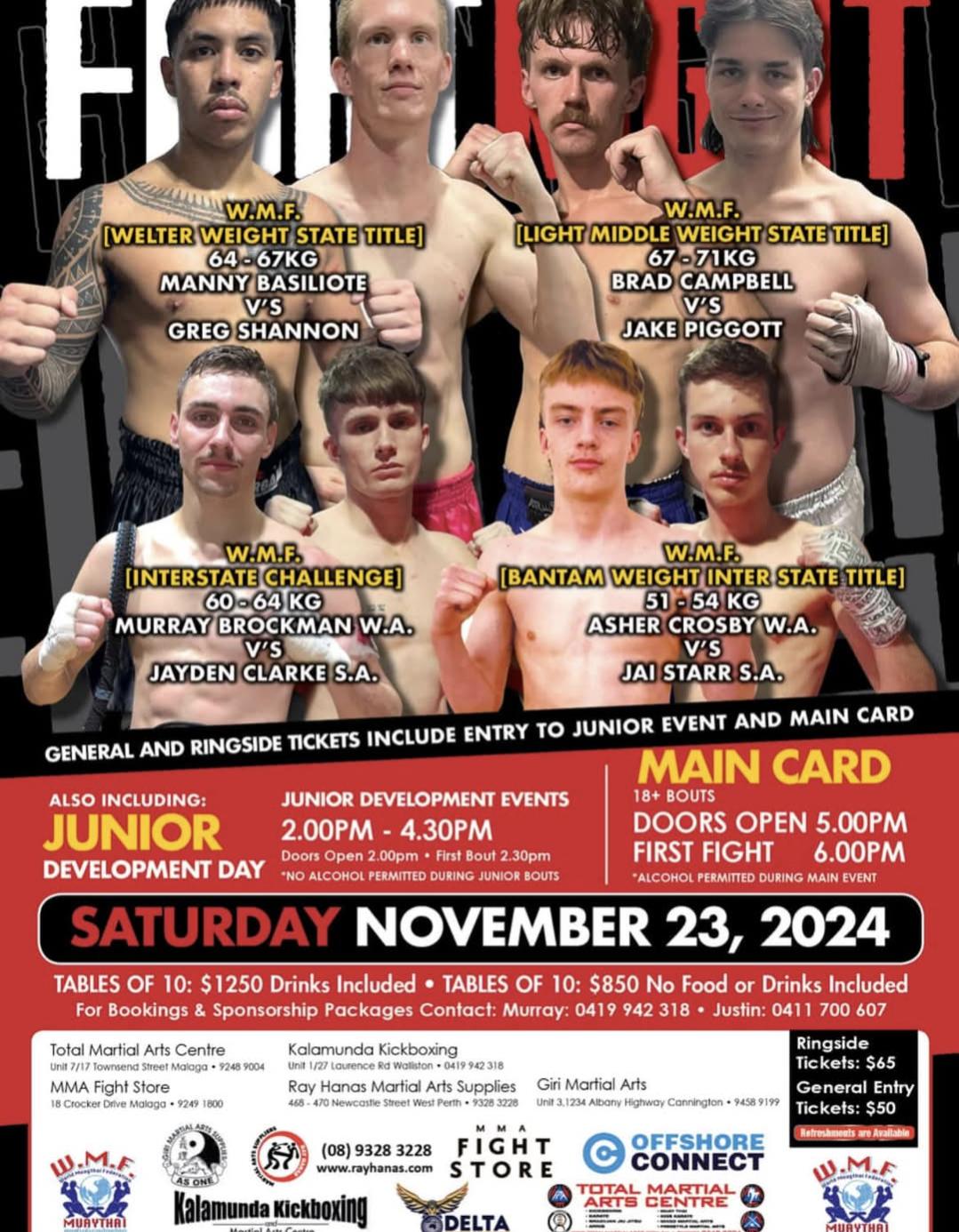 Promotional poster for WMF Development date Saturday 23 November 2024, with images of 8 male fighters