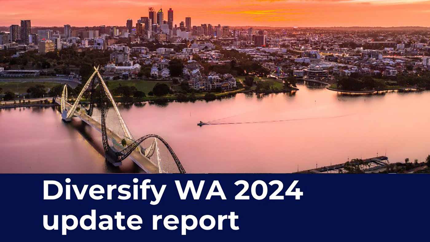 Aerial photo of Perth skyline and the Swan River with text: Diversity WA 2024 update report