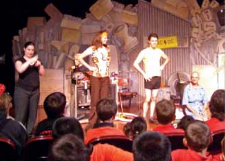 People performing at the Barking Gecko Theatre Company with an AUSLAN interpreter