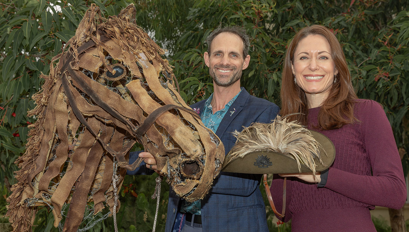 THEATRE 180 Executive Director Rebecca Davis and Artistic Director Stuart Halusz, with a life-size puppetry horse head