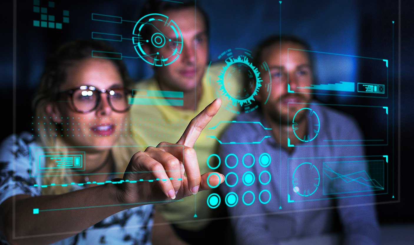 Three people interacting with a future head-up-display