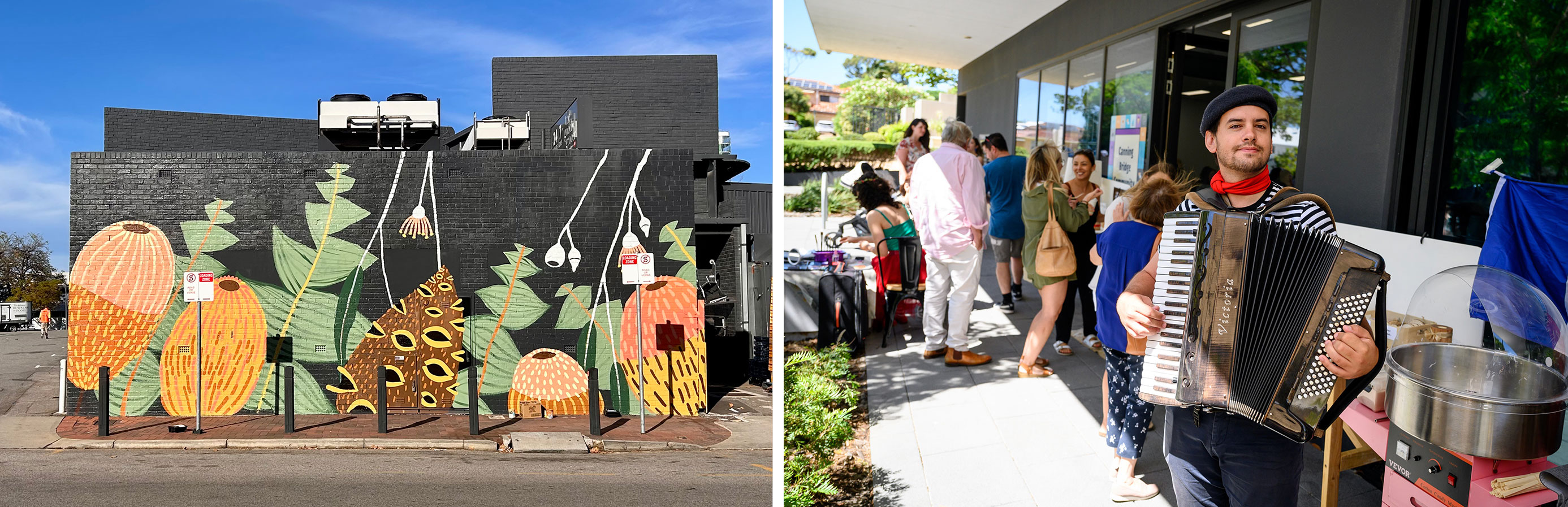 2 photos. Olive Cheng mural on side of a building. Piano accordion player at the Melville French Chirstmas market