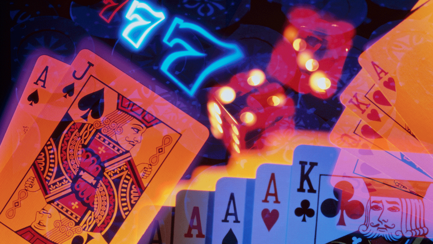 a montage of cards, lights and poker machine screens