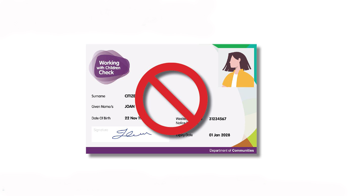 Image of a working with children card, with a red circle through it