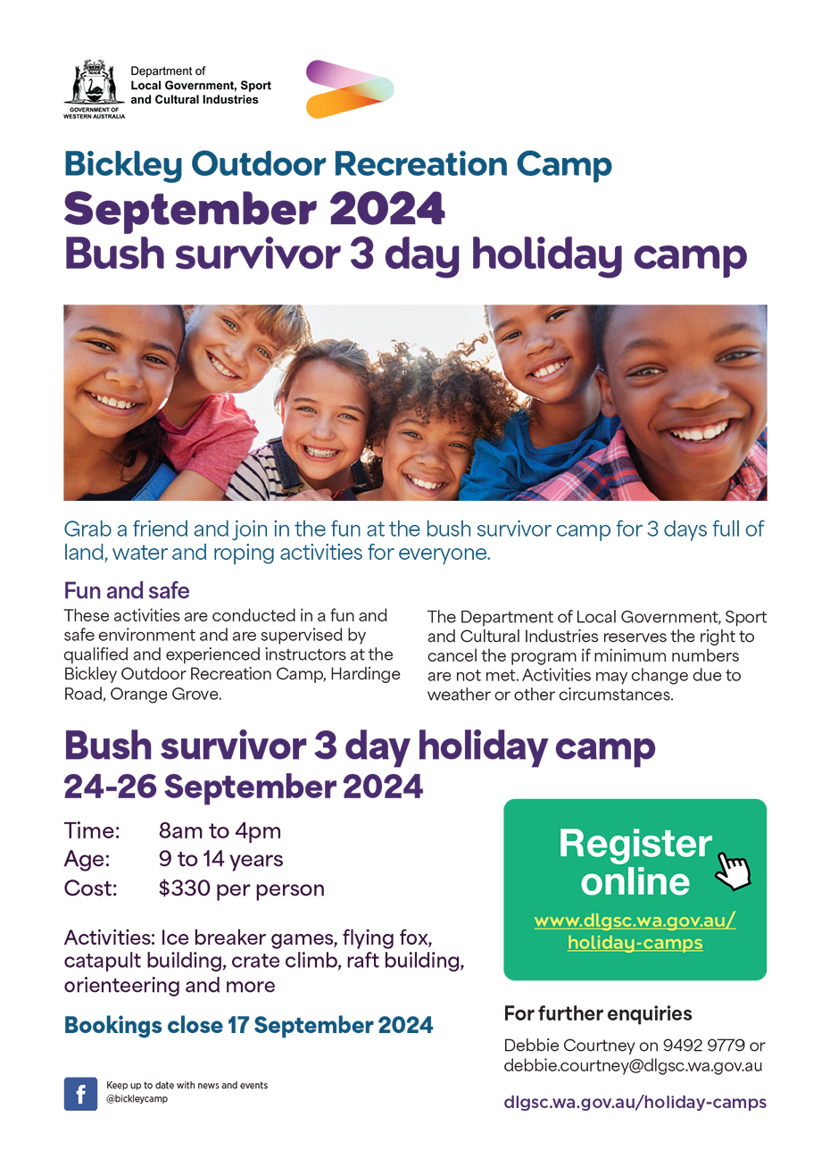 Poster for Bickley Outdoor Recreation Camp September 2024 Bush survivor 3 day holiday camp