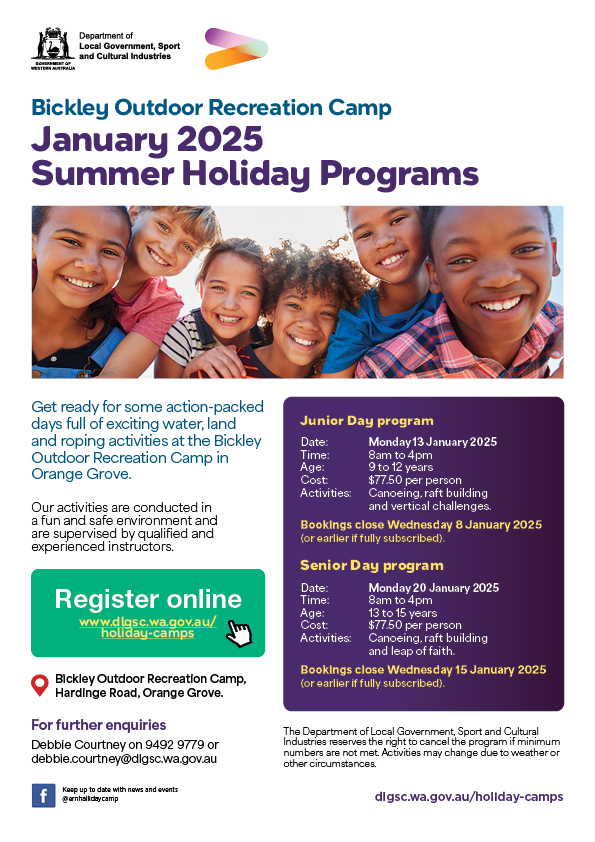 poster with a group of smiling children and the text Bickley Outdoor Recreation Camp January 2025.