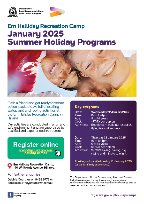 Poster for the Ern Halliday Recreation Camp - January 2025 program. Image of 3 smiling children.