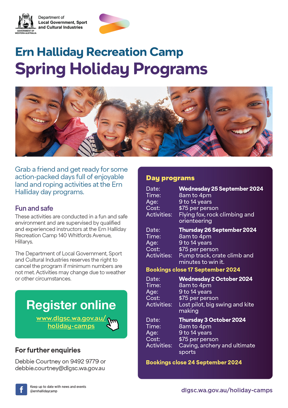 Poster for the Ern Halliday Recreation Camp spring holidays program