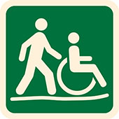 Symbol for Australian Walking Track Grade 1: person pushing a person in a wheel chair on a level path.