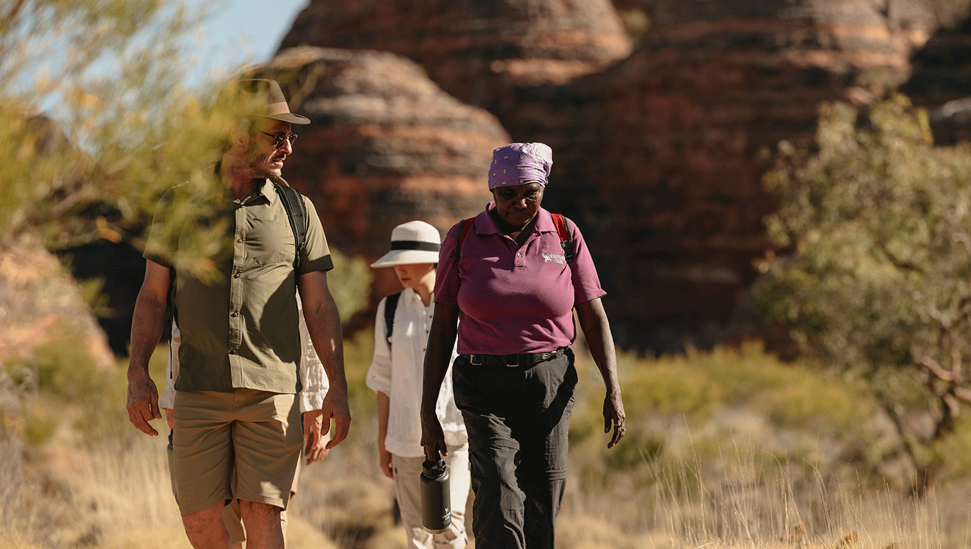 2 people on a walk in the Kimerleys with an Aboriginal guide.