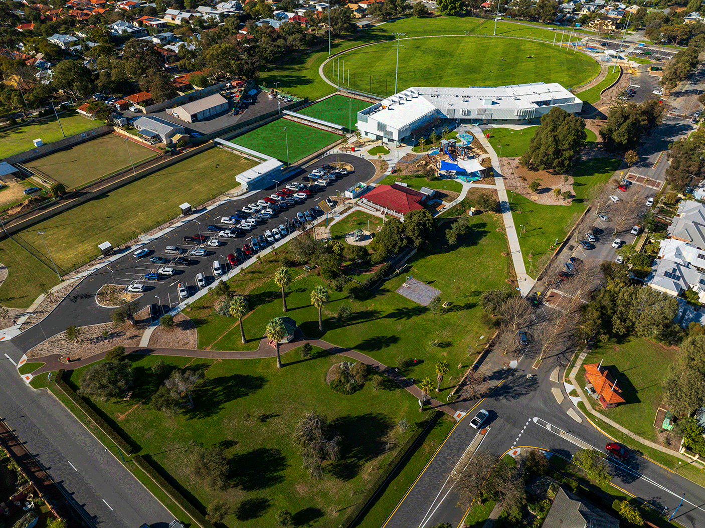 An aerial view of the oval, car park and other facilities at the new East Fremantle Community Park