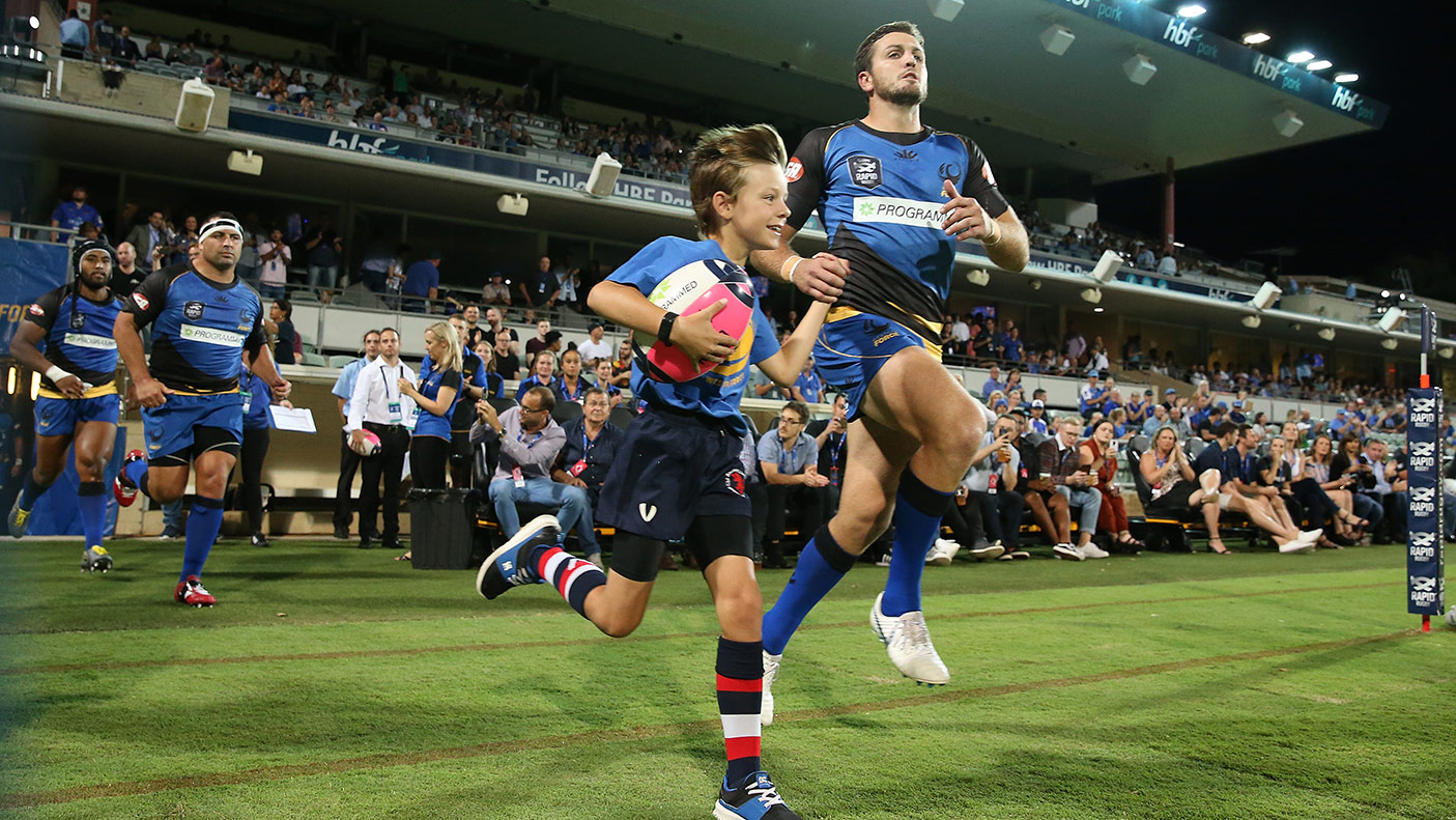 Ian Prior of the Force leads the team out onto the field during the Global Rapid Rugby match between the Western Force and the World XV at HBF Park. Photo: Getty Images.