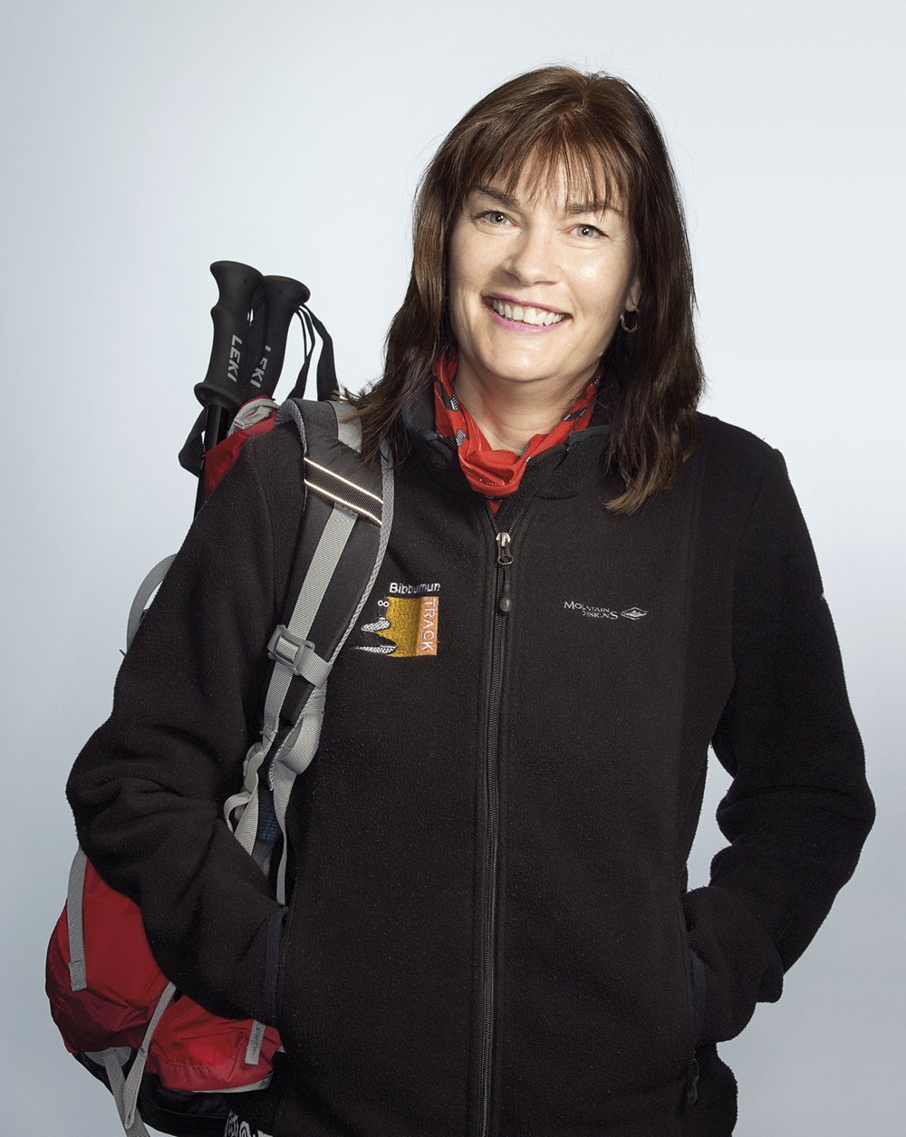 Portrait of Linda Daniels with hiking gear