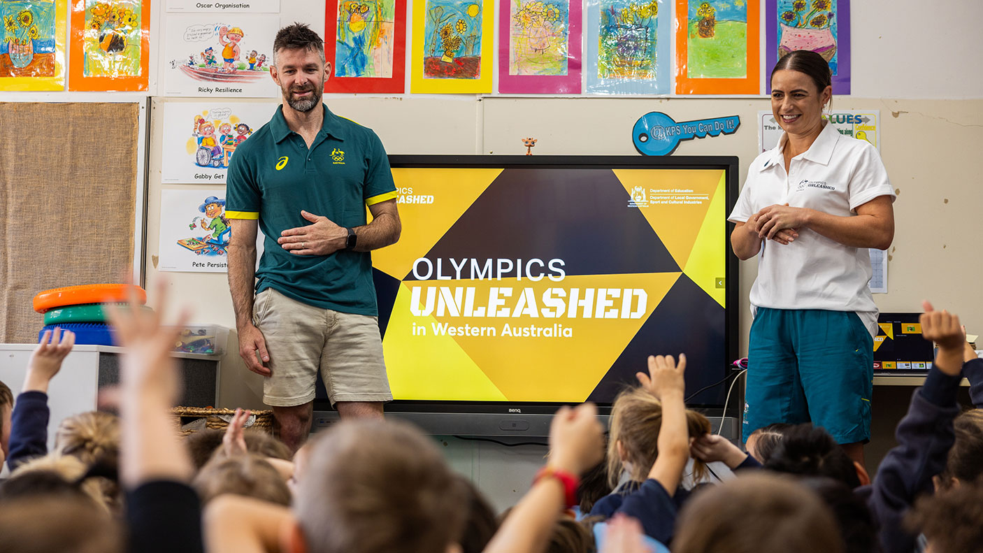 Olympic athletes Trent Mitton and Jayde Taylor talk to a school group