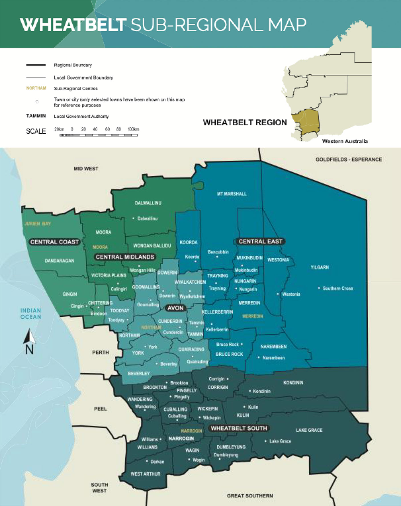 A map of the Wheatbelt region of WA showing all local government areas and major towns.