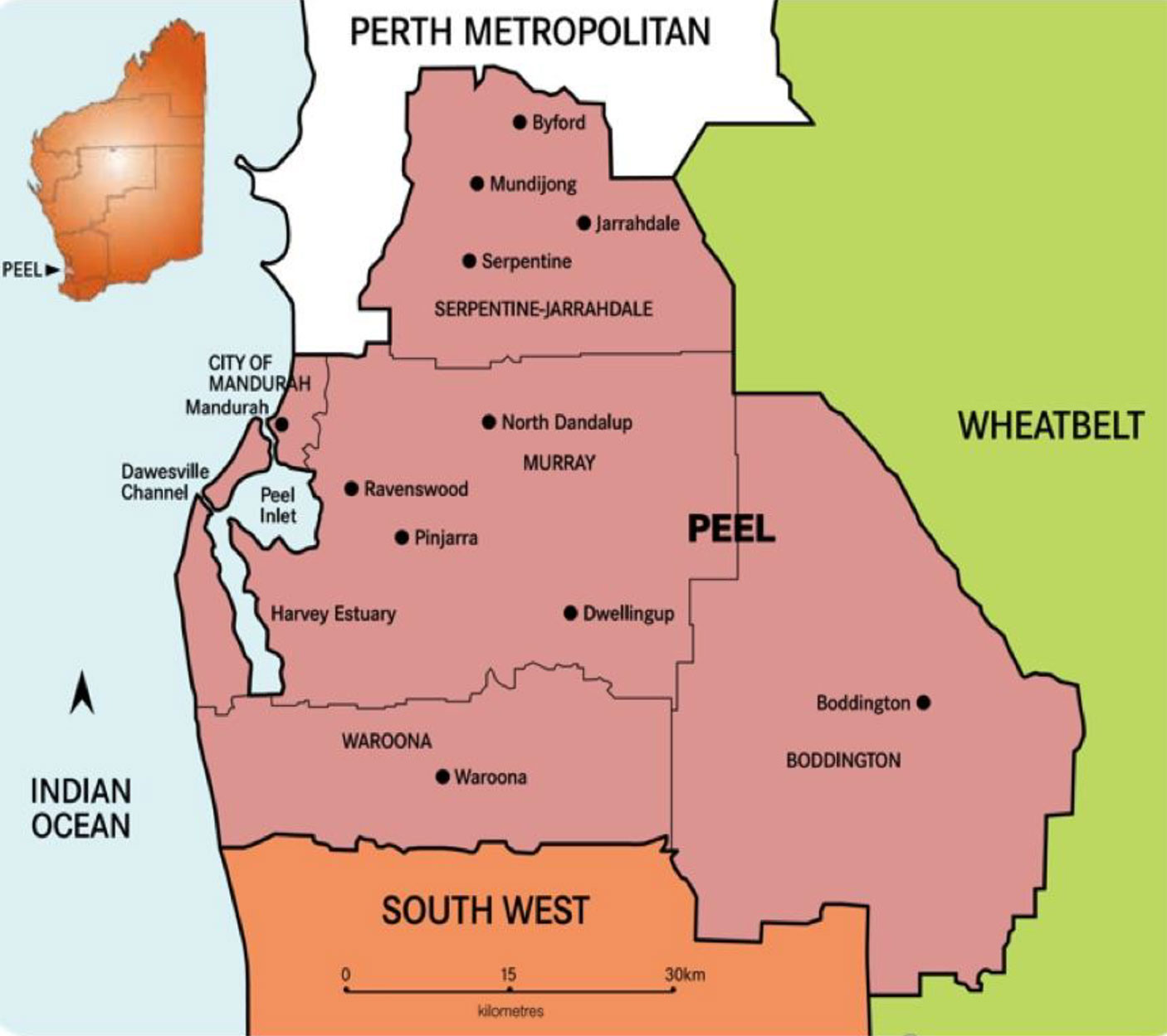 Map showing the Peel region of Western Australia