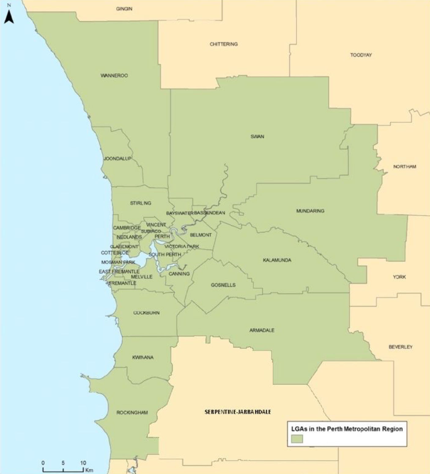Map of local government areas in the Perth metropolitan region