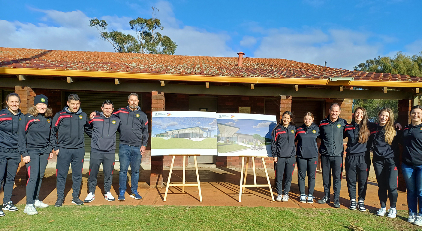 President and players of Mudoch Uni Melville Football Club (WNPL Legacy Grant recipients) in front of their current club house with 3D designs for a new building to replace it