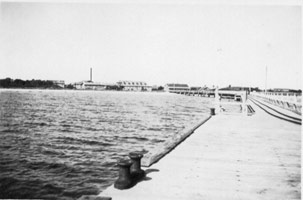 Black and white photo of the jetty looking back to shore